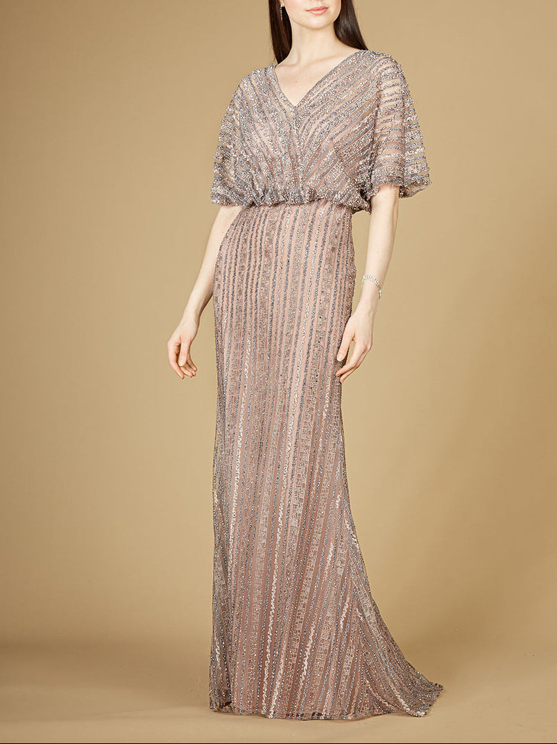 Cape Sleeve V-Neck Gown with Geometric Beading - Glamourous Grace