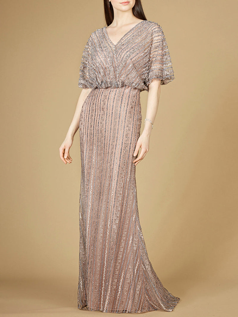 Cape Sleeve V-Neck Gown with Geometric Beading - Glamourous Grace