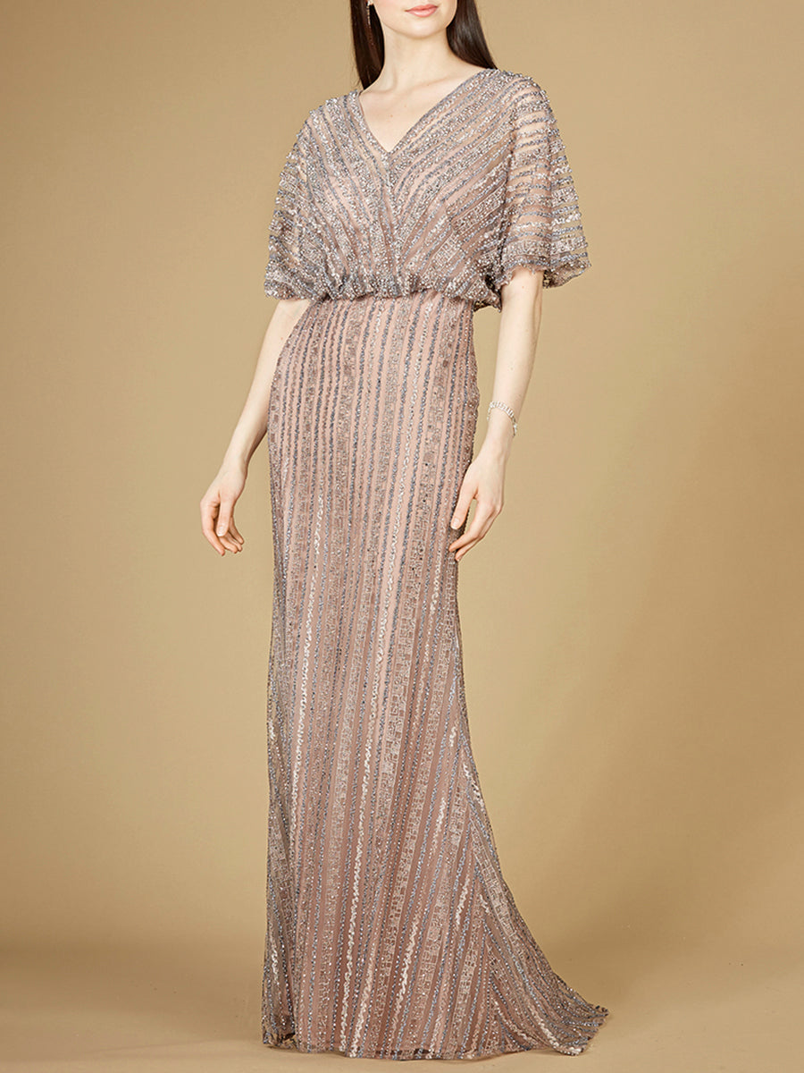 Cape Sleeve V-Neck Gown with Geometric Beading - Glamourous Grace