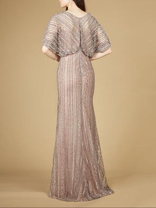 Cape Sleeve V-Neck Gown with Geometric Beading - Glamourous Grace