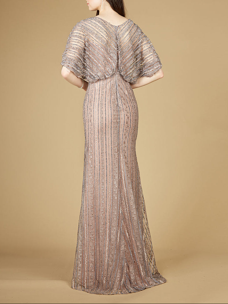 Cape Sleeve V-Neck Gown with Geometric Beading - Glamourous Grace