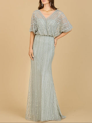 Cape Sleeve V-Neck Gown with Geometric Beading - Glamourous Grace