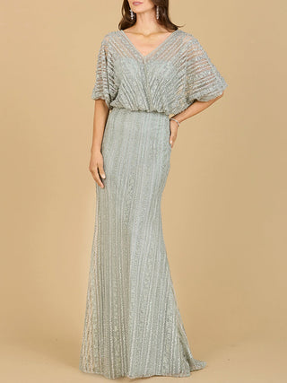 Cape Sleeve V-Neck Gown with Geometric Beading - Glamourous Grace