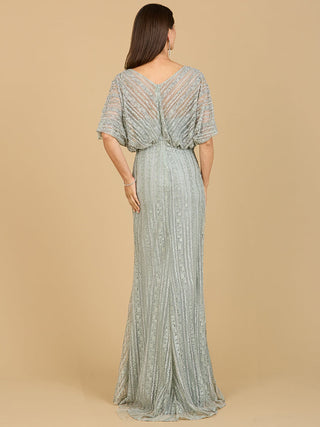 Cape Sleeve V-Neck Gown with Geometric Beading - Glamourous Grace