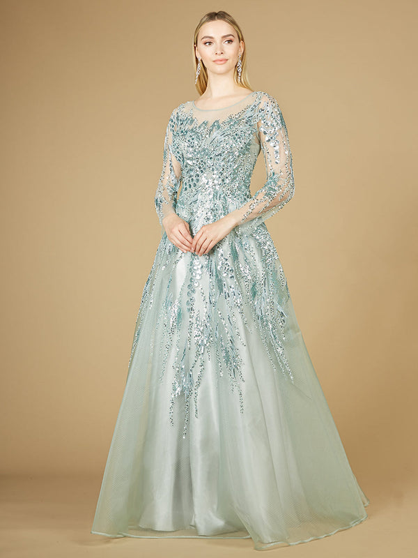 High Neck Lace Gown with Sheer Sleeves - Glamourous Grace