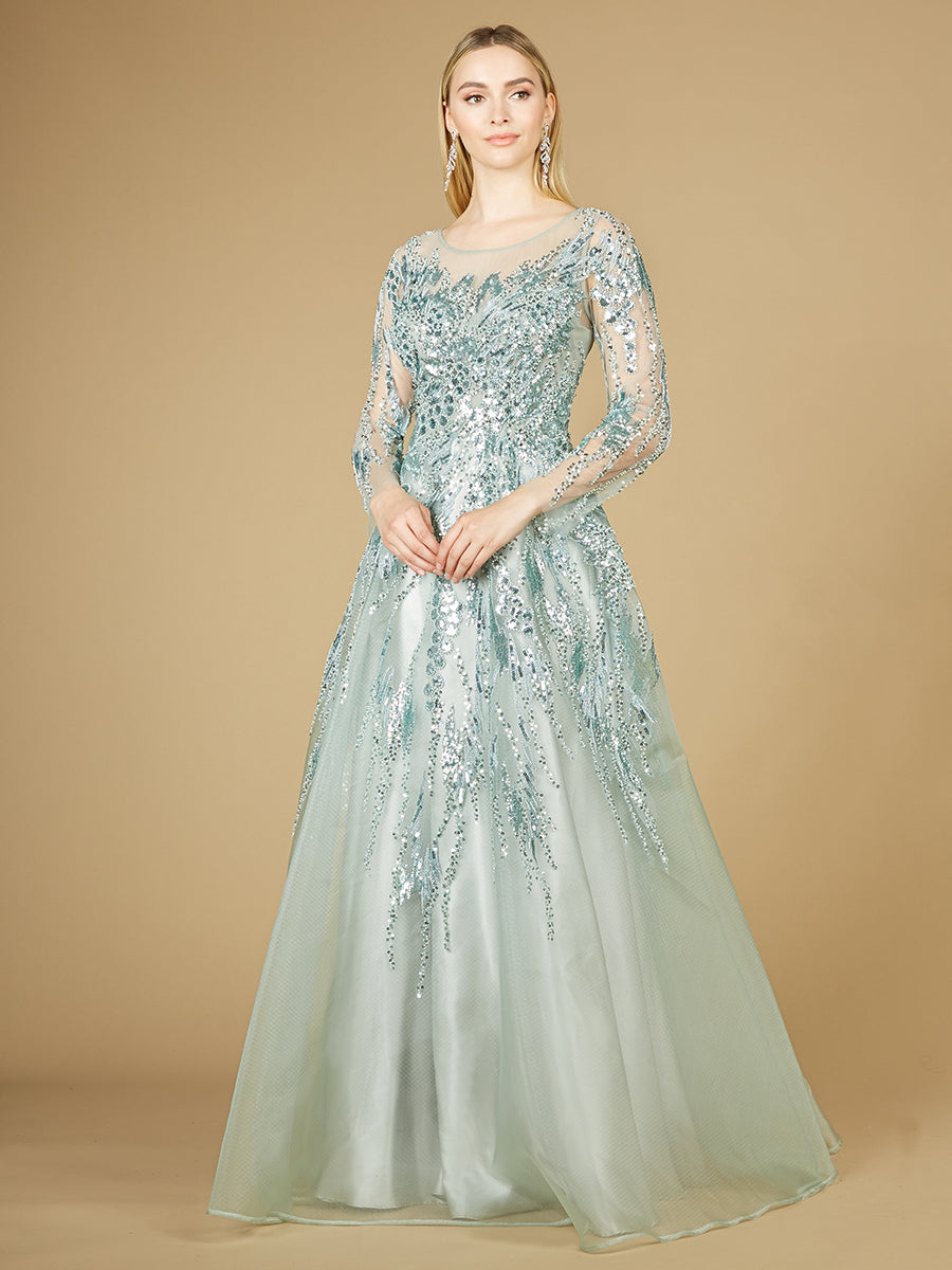 High Neck Lace Gown with Sheer Sleeves - Glamourous Grace