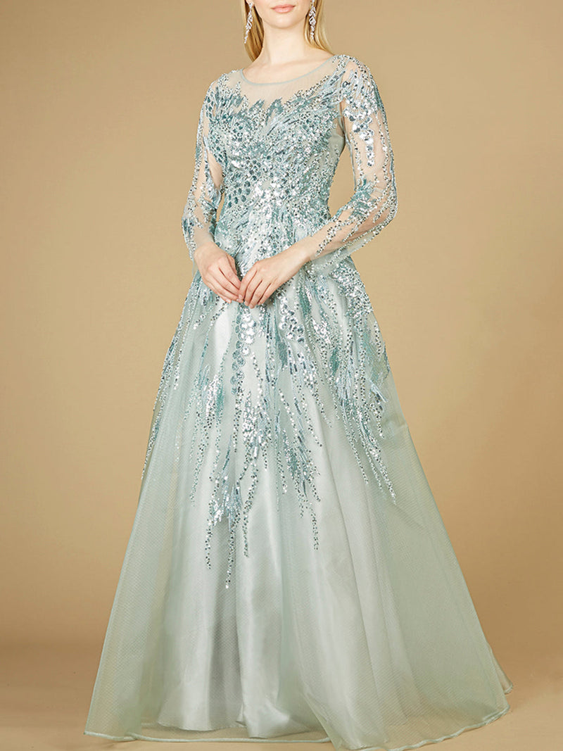 High Neck Lace Gown with Sheer Sleeves - Glamourous Grace
