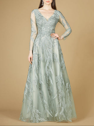 Long Sleeve Lace Ballgown with V-Neck - Glamourous Grace
