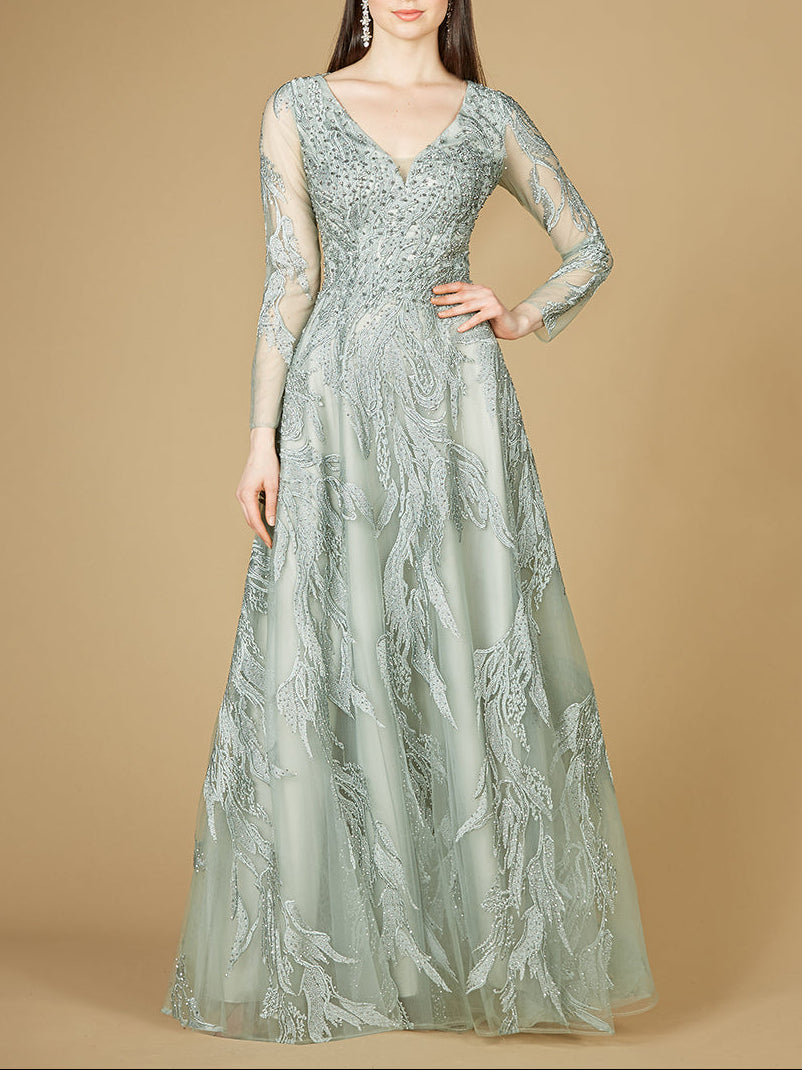 Long Sleeve Lace Ballgown with V-Neck - Glamourous Grace