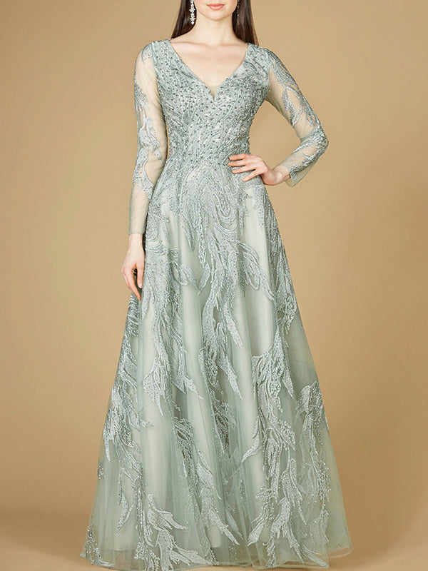 Long Sleeve Lace Ballgown with V-Neck - Glamourous Grace