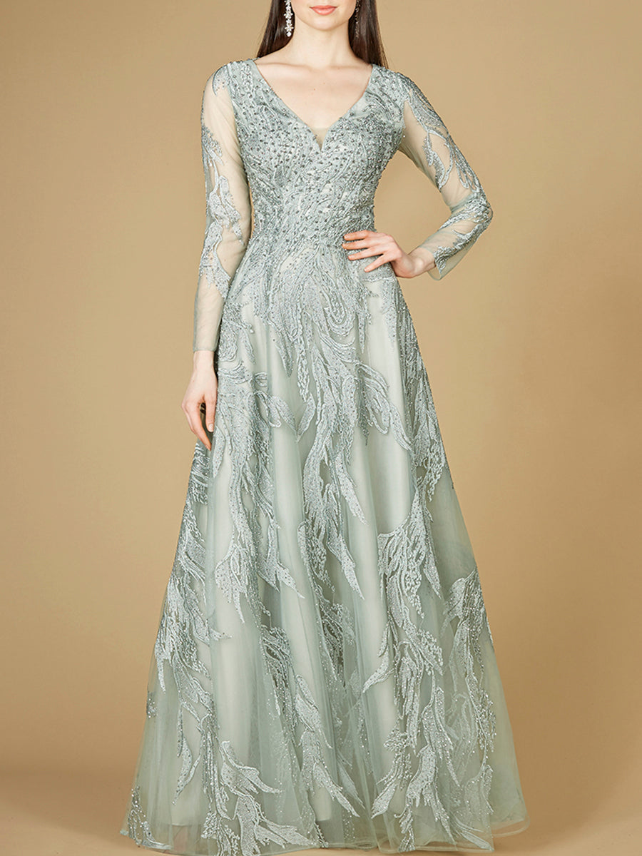 Long Sleeve Lace Ballgown with V-Neck - Glamourous Grace