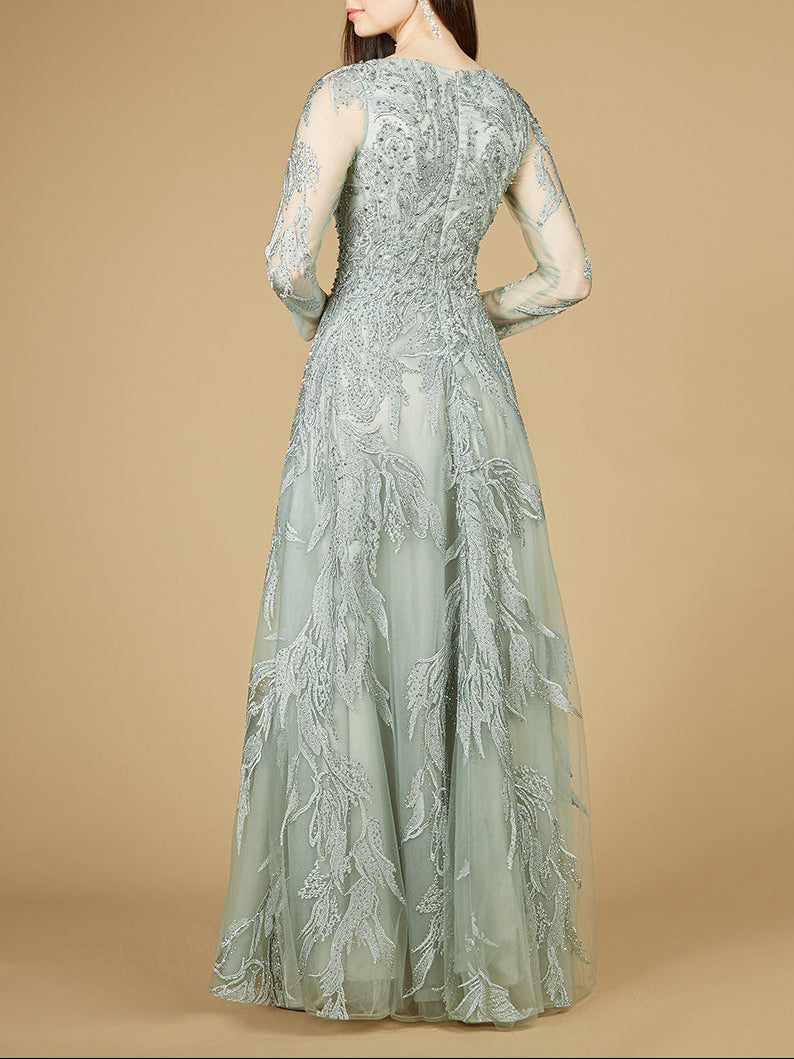 Long Sleeve Lace Ballgown with V-Neck - Glamourous Grace