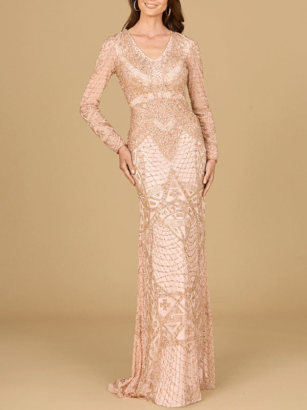 Beaded Long Sleeve V-neck Gown - Glamourous Grace