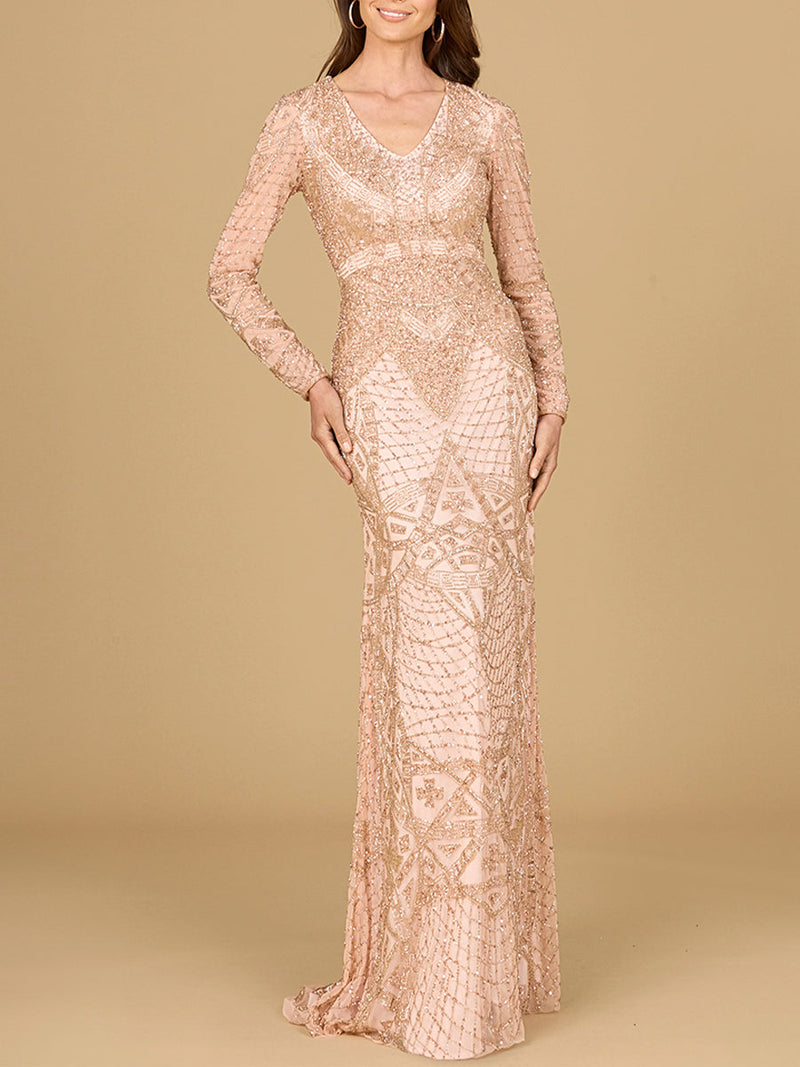 Beaded Long Sleeve V-neck Gown | 29054 - Glamourous Grace