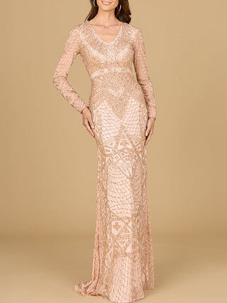 Beaded Long Sleeve V-neck Gown - Glamourous Grace