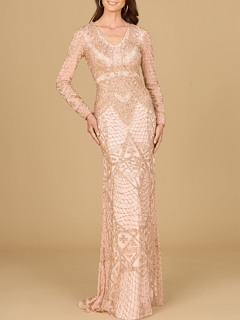 Beaded Long Sleeve V-neck Gown - Glamourous Grace