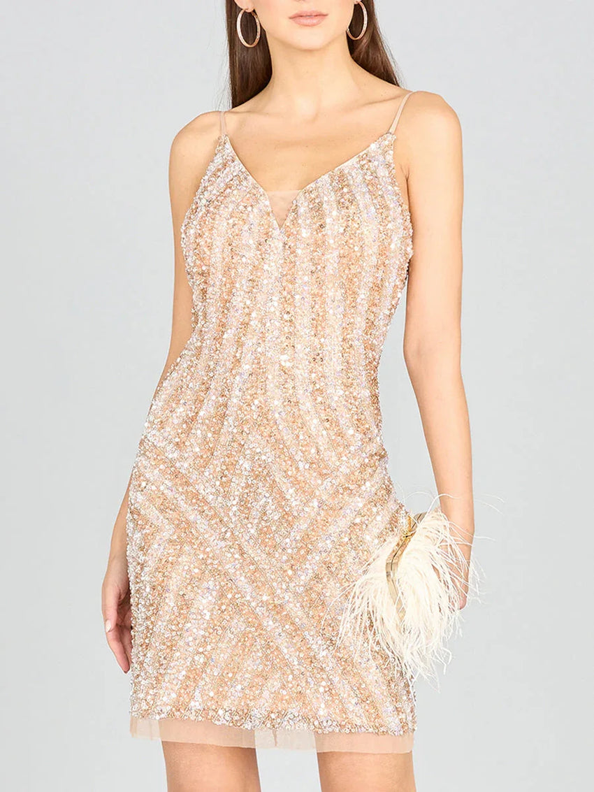 Lara 28859 - Spaghetti Strap Beaded Cocktail Dress - Glamourous Grace