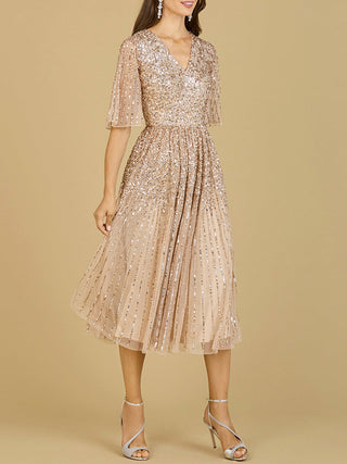 Flowing, Sequin Midi Dress with Short Sleeves | 29221 - Glamourous Grace
