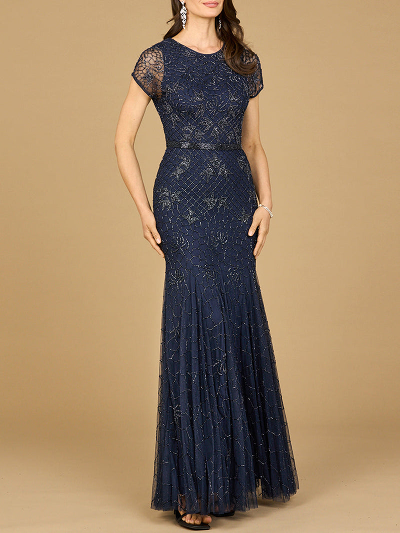 Beaded Mermaid Cap Sleeve Gown - Glamourous Grace