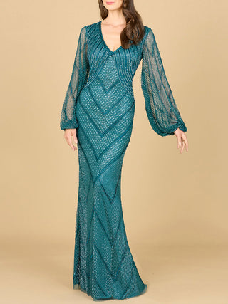 Long Sleeve Beaded Dress with Sheer Sleeves - Glamourous Grace