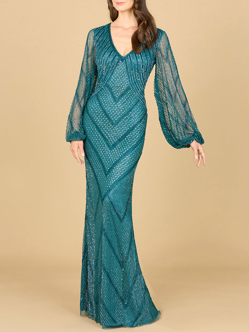 Long Sleeve Beaded Dress with Sheer Sleeves - Glamourous Grace