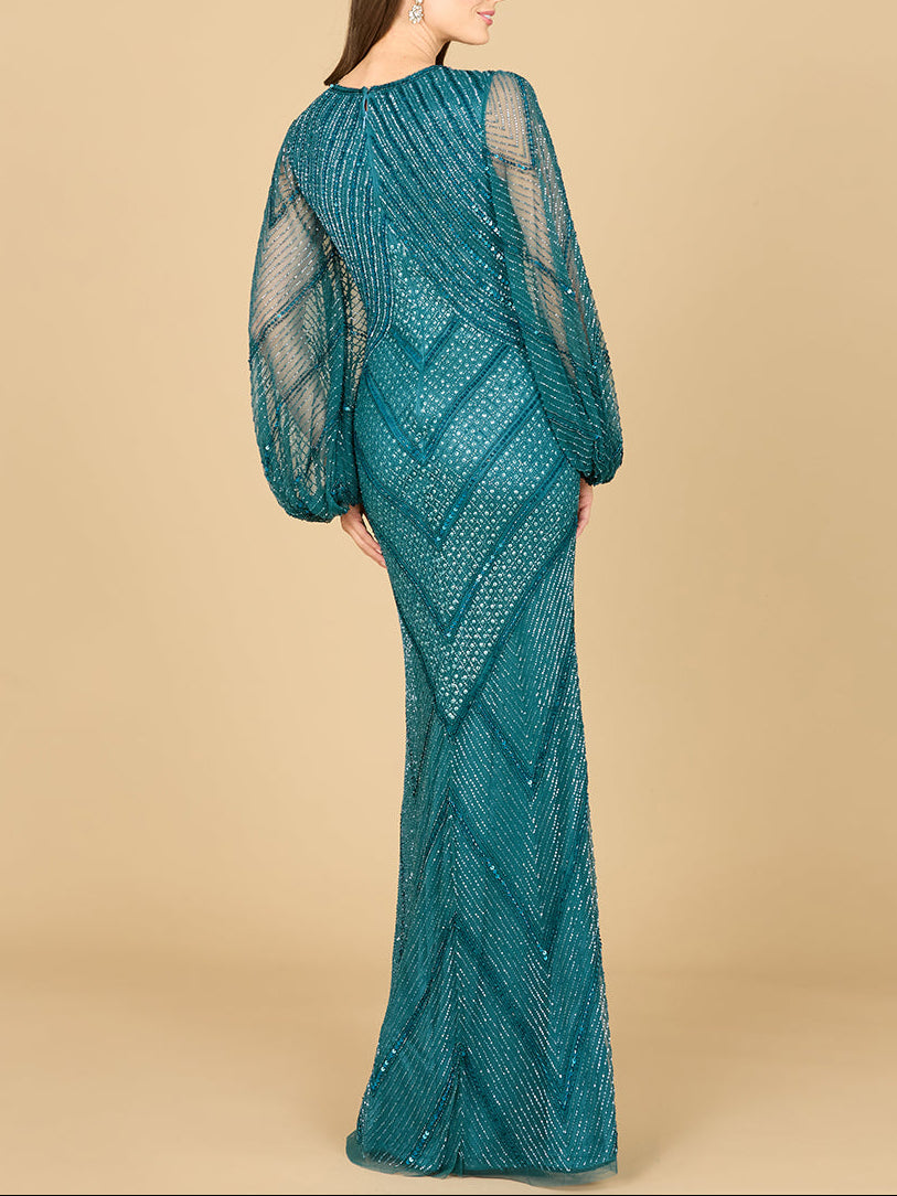 Long Sleeve Beaded Dress with Sheer Sleeves - Glamourous Grace