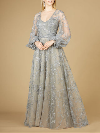 V Neckline Balloon Sleeve Gown - Glamourous Grace