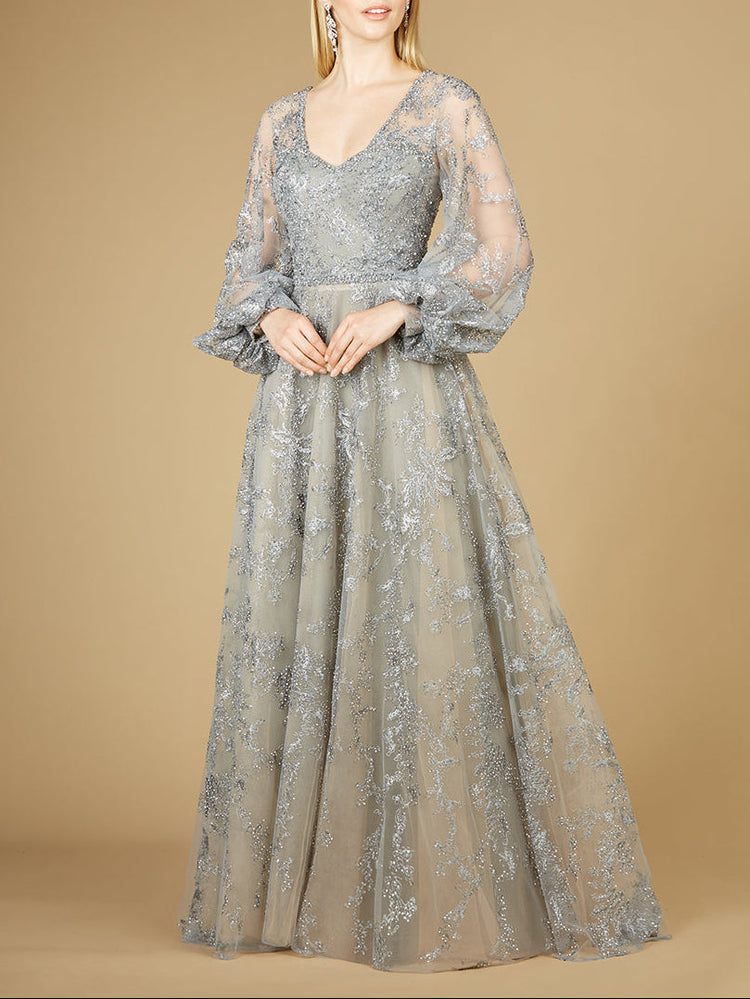 V Neckline Balloon Sleeve Gown - Glamourous Grace