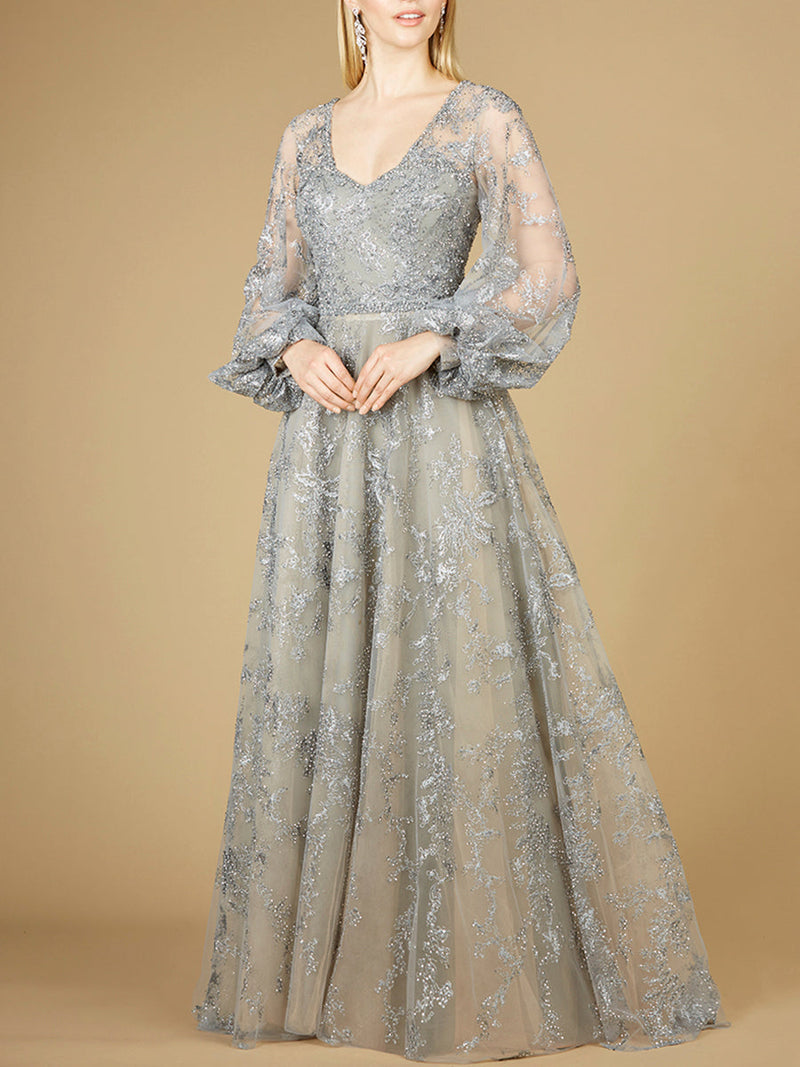 V Neckline Balloon Sleeve Gown - Glamourous Grace