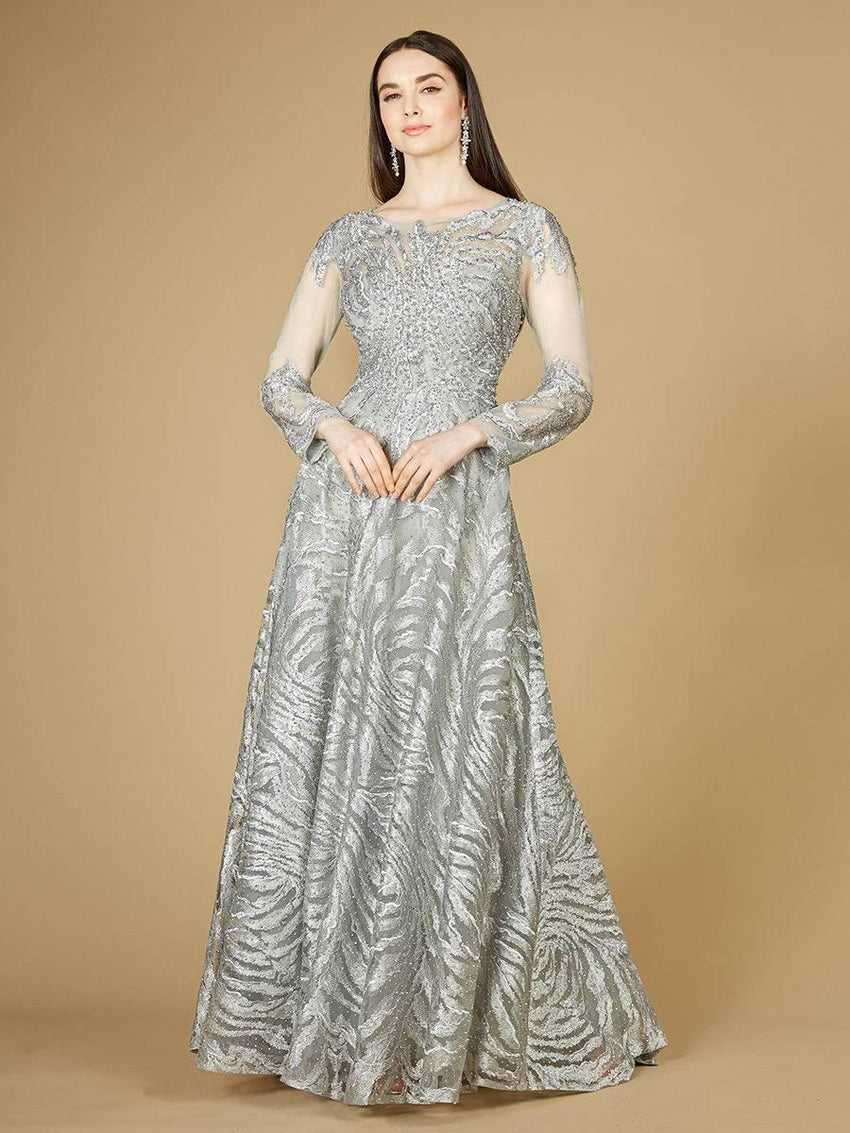 Lace Ball Gown with Long Sheer Sleeves and High Neck - OUTLET - Glamourous Grace