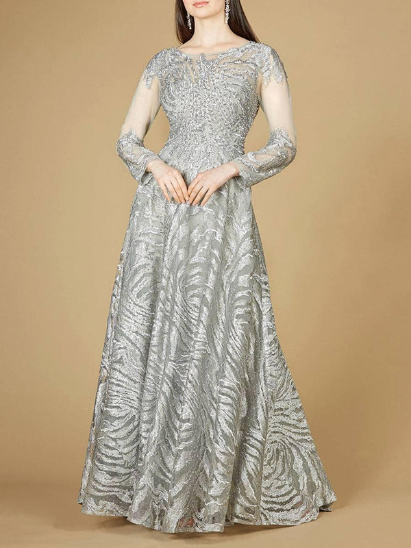 Lace Ball Gown with Long Sheer Sleeves and High Neck - OUTLET - Glamourous Grace