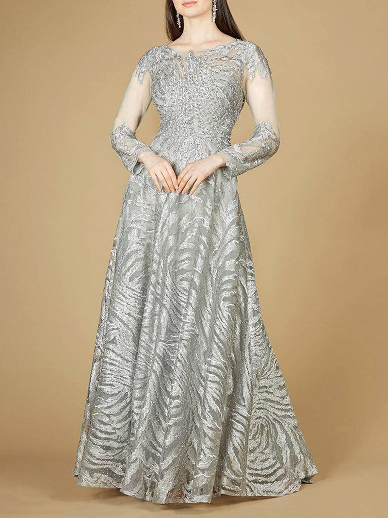 Lace Ball Gown with Long Sheer Sleeves and High Neck - OUTLET - Glamourous Grace