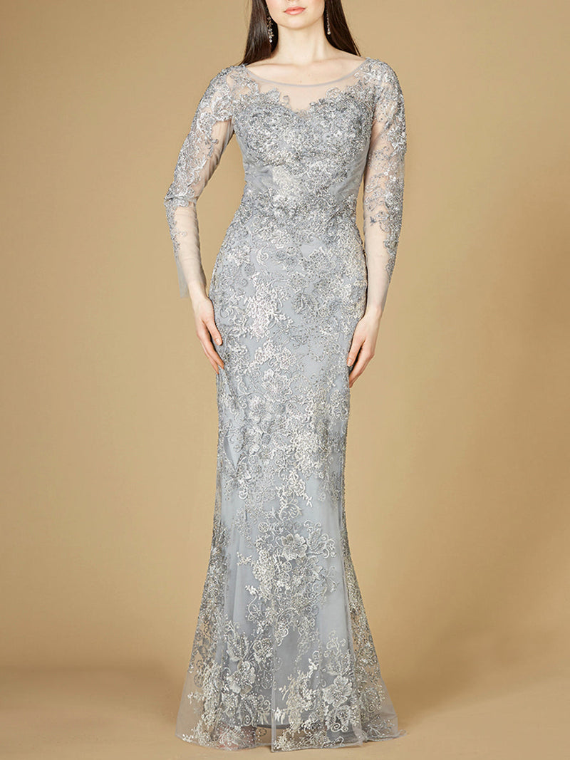 High Neck Long Sleeve Fitted Lace Gown - Glamourous Grace