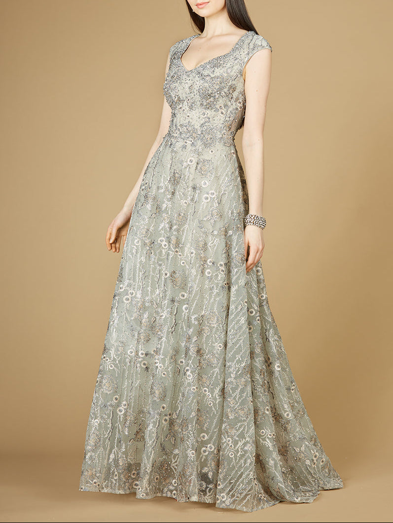 Cap Sleeve V-Neck Lace A-line Gown - Glamourous Grace