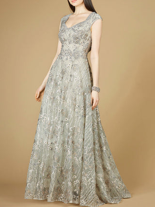 Cap Sleeve V-Neck Lace A-line Gown - Glamourous Grace
