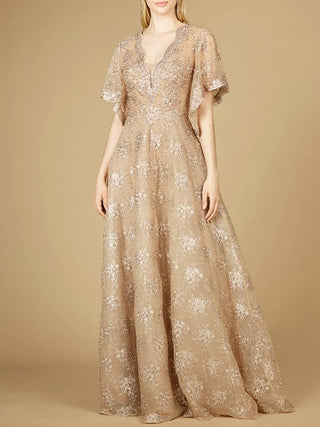 Cape Sleeve V-Neck Gown - Glamourous Grace