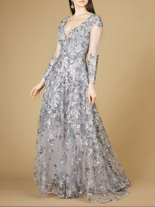 A-line Gown With Long Sleeves, V-Neckline - Glamourous Grace