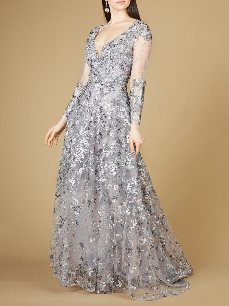 A-line Gown With Long Sleeves, V-Neckline - Glamourous Grace