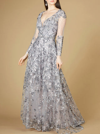 A-line Gown With Long Sleeves, V-Neckline - Glamourous Grace