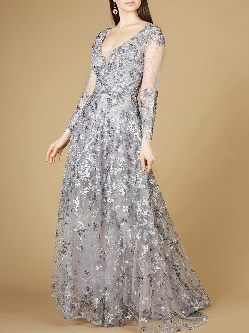 A-line Gown With Long Sleeves, V-Neckline - Glamourous Grace