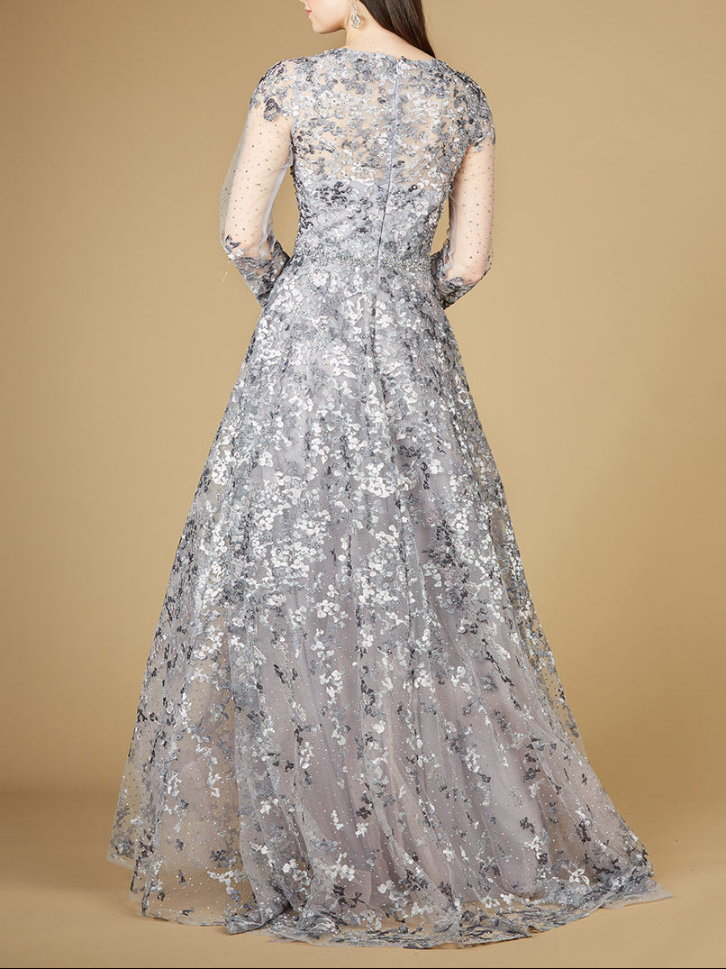 A-line Gown With Long Sleeves, V-Neckline - Glamourous Grace