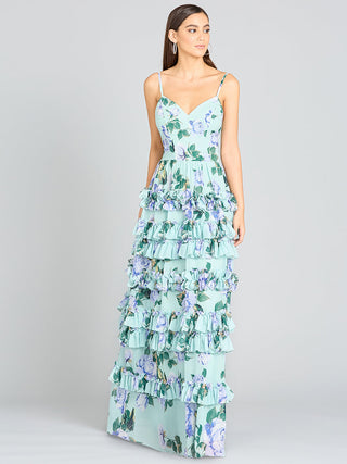Ruffle Skirt Printed Gown with Spaghetti Straps - OUTLET - Glamourous Grace