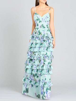 Ruffle Skirt Printed Gown with Spaghetti Straps - OUTLET - Glamourous Grace
