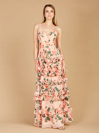 Ruffle Skirt Printed Gown with Spaghetti Straps - OUTLET - Glamourous Grace