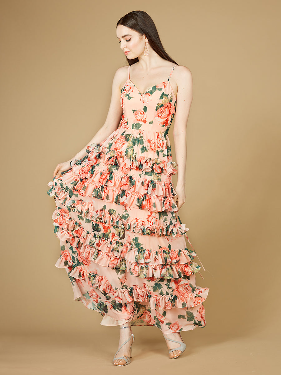Ruffle Skirt Printed Gown with Spaghetti Straps - OUTLET - Glamourous Grace