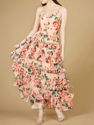 Ruffle Skirt Printed Gown with Spaghetti Straps - OUTLET - Glamourous Grace