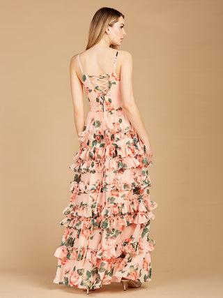 Ruffle Skirt Printed Gown with Spaghetti Straps - OUTLET - Glamourous Grace