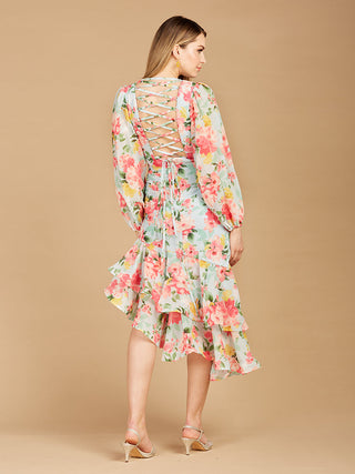 High Neck, Lace Up, Long Sleeve Printed Midi Dress - OUTLET - Glamourous Grace