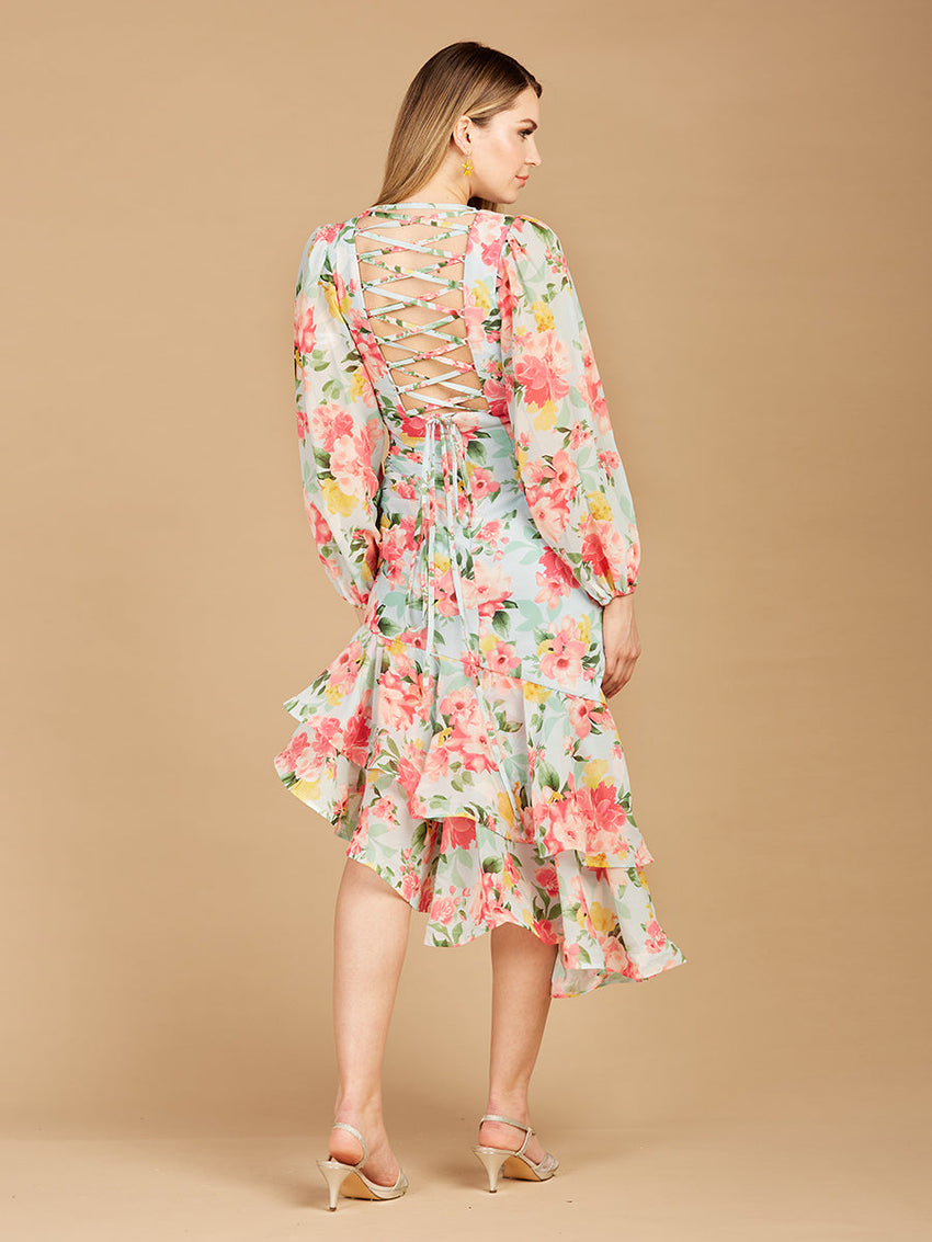High Neck, Lace Up, Long Sleeve Printed Midi Dress - OUTLET - Glamourous Grace