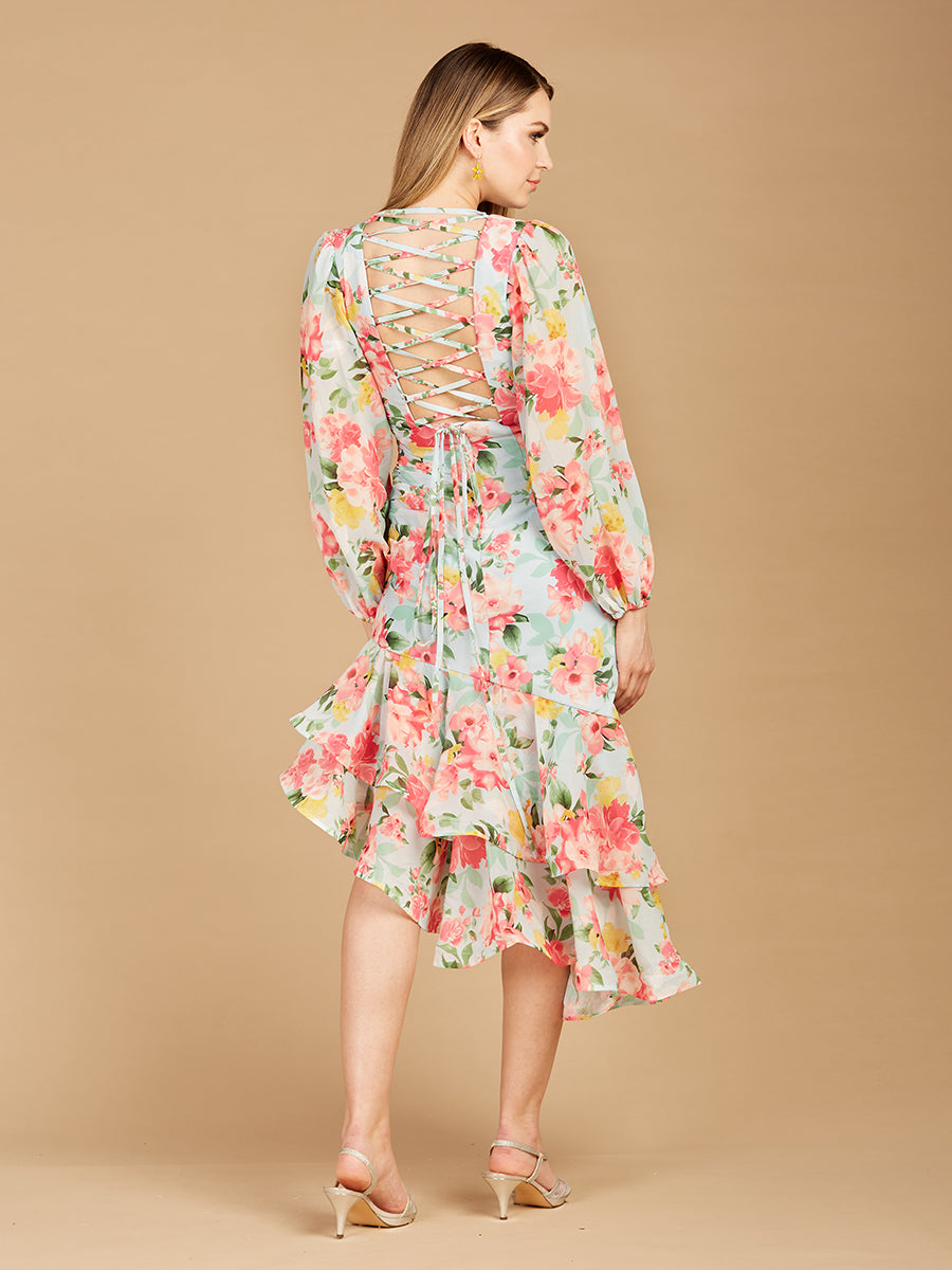High Neck, Lace Up, Long Sleeve Printed Midi Dress - OUTLET - Glamourous Grace
